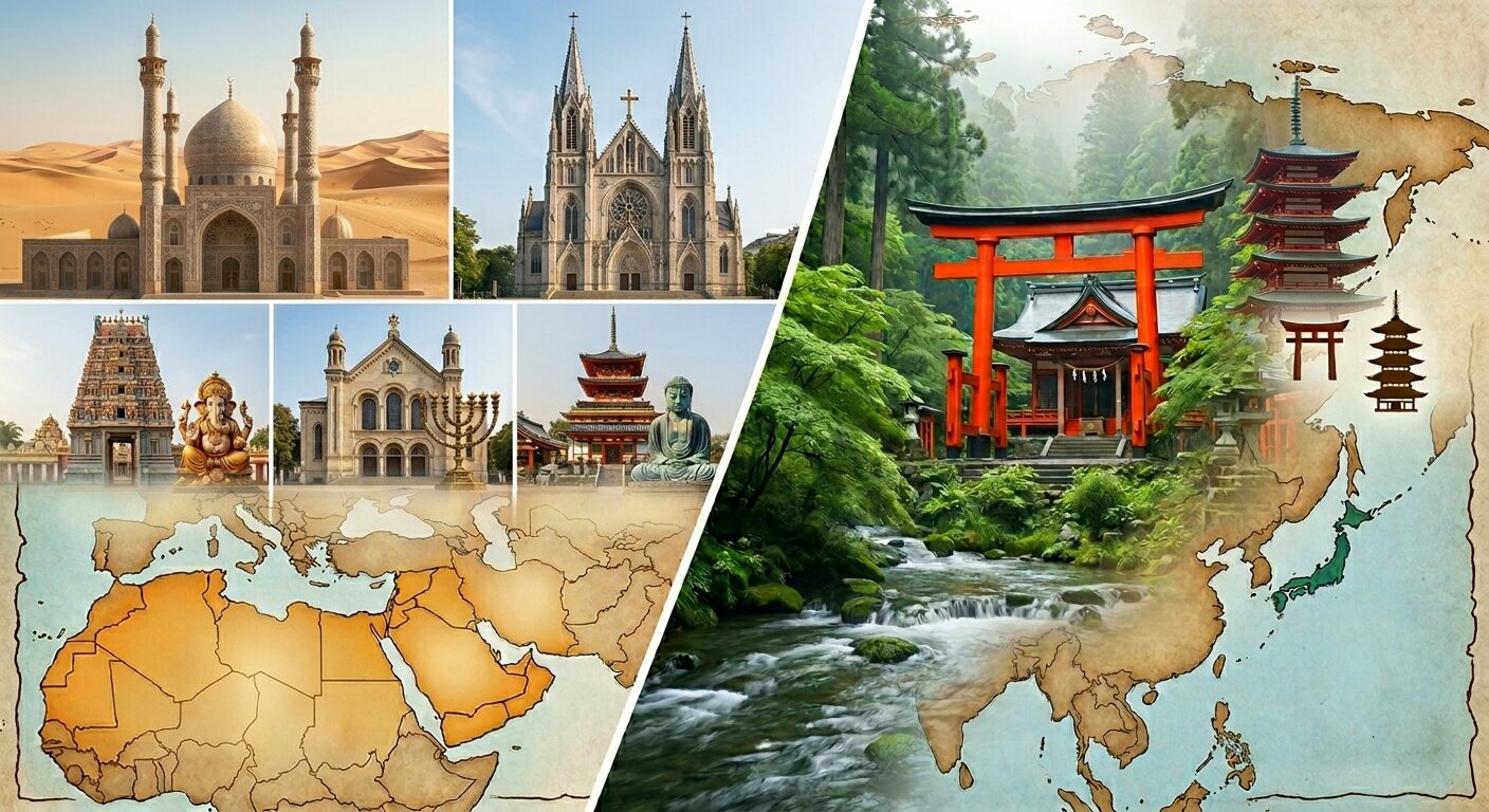 世界の宗教施設と自然豊かな神社の対比から「日本人の宗教観」を表現した世界地図イメージ画像